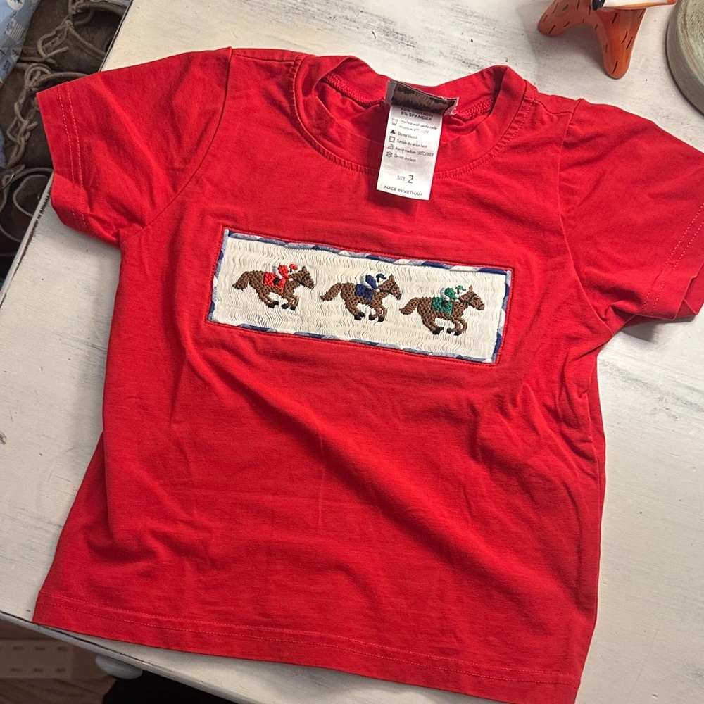 Red Kids T-Shirt with Horse Derby Embroidery